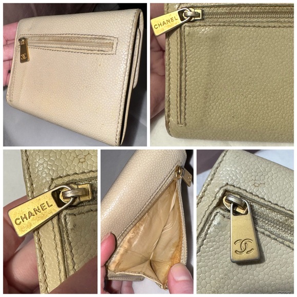 AUTHENTIC CHANEL Neutral Caviar Leather Interlocking C CC Vintage Logo Wallet - Picture 9 of 16